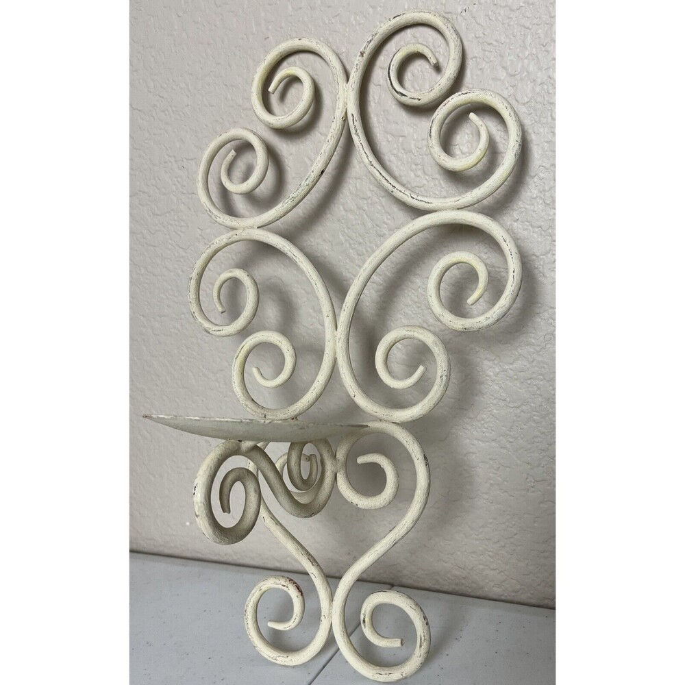 Wrought Iron Sconce Wall Hanging Pillar Candle Holder Set 2 White Scroll Nouveau - Picture 4 of 8